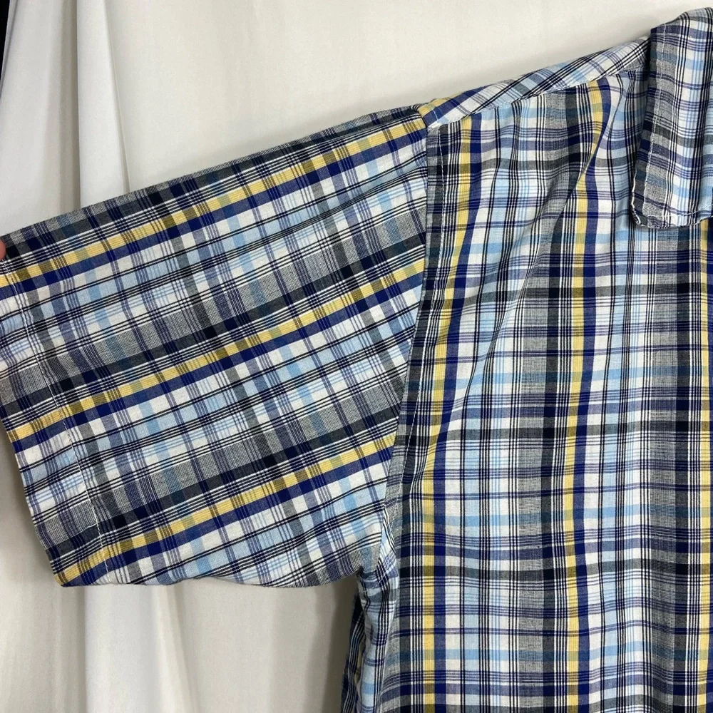 EUC Premier International youth boy’s blue plaid button down short sleeve‎ shirt